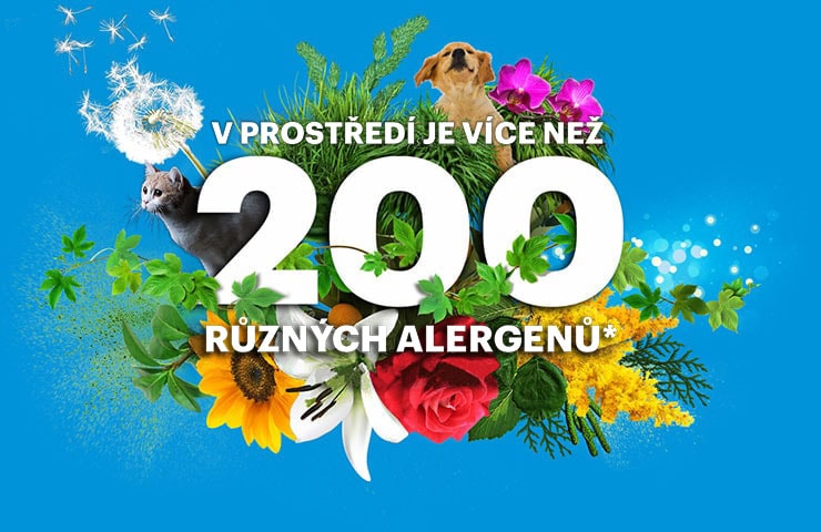 Kytice květin překrytá textem „v přírodě se nachází více než 200 různých alergenů“